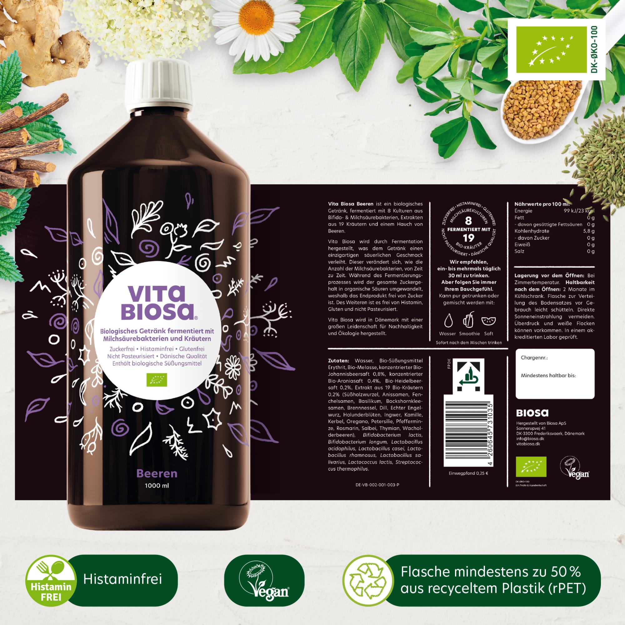 Vita Biosa Beeren Kräuterfermentgetränk Glutenfrei Histaminfrei Vegan Laktosefrei